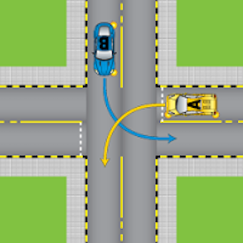 Looking at the diagram, which vehicle can turn first?