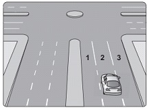 اي مسار يجب ان يستخدمه سائق السيارة في الشكل من اجل ان يقوم بالرجوع الى الخلف من عند الدوار ؟