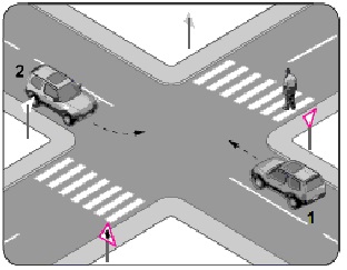حسب الشكل كيف يجب ان يتصرف سائق المركبة (2) الذي يريد الانعطاف نحو اليسار ؟